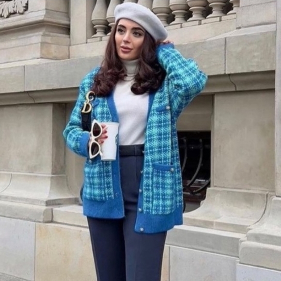 Zara * Plaid Knit Long Cardigan Jacket Blue - Picture 6 of 14